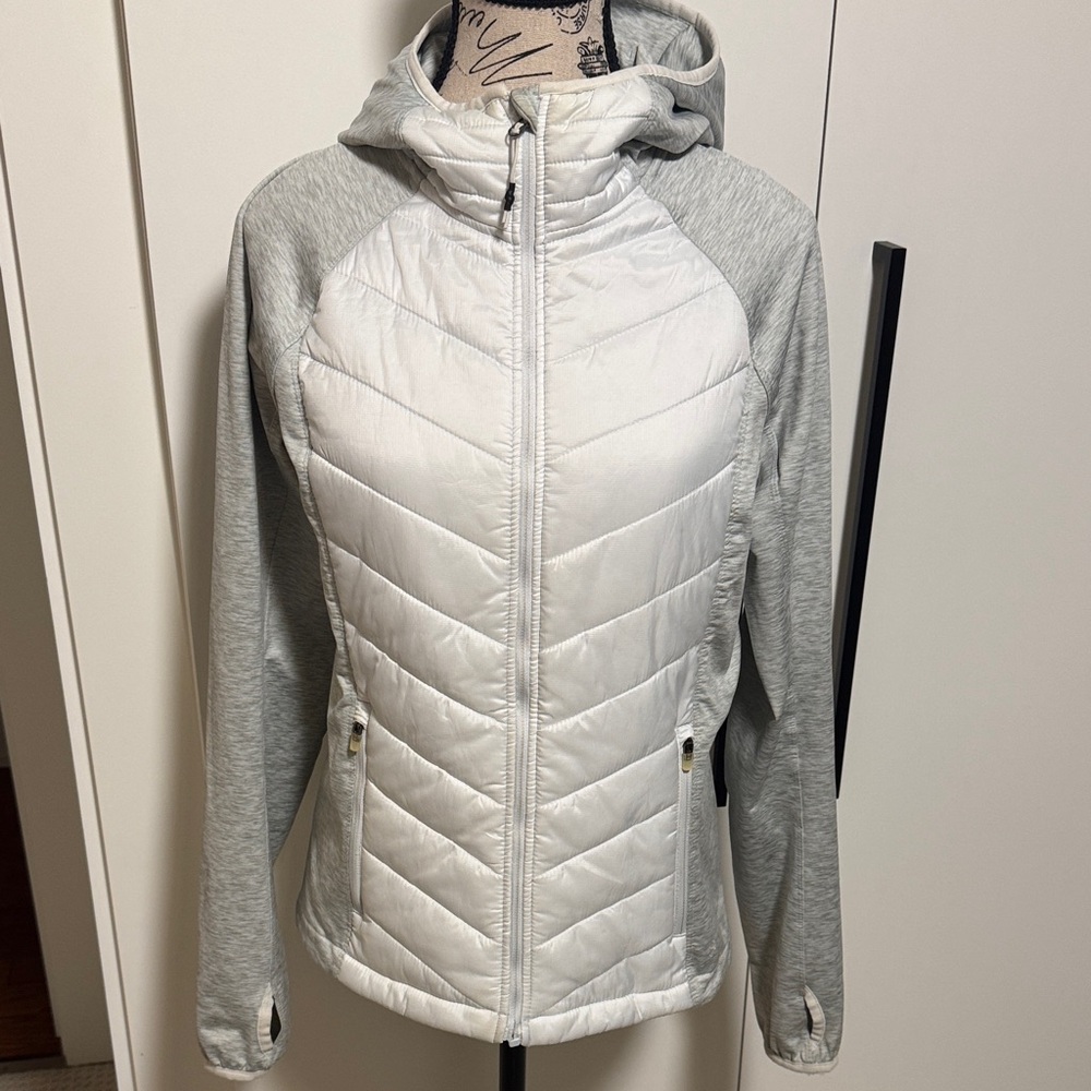 H&M White Quilted Front Light Gray Hooded Hybrid Puffer Jacket